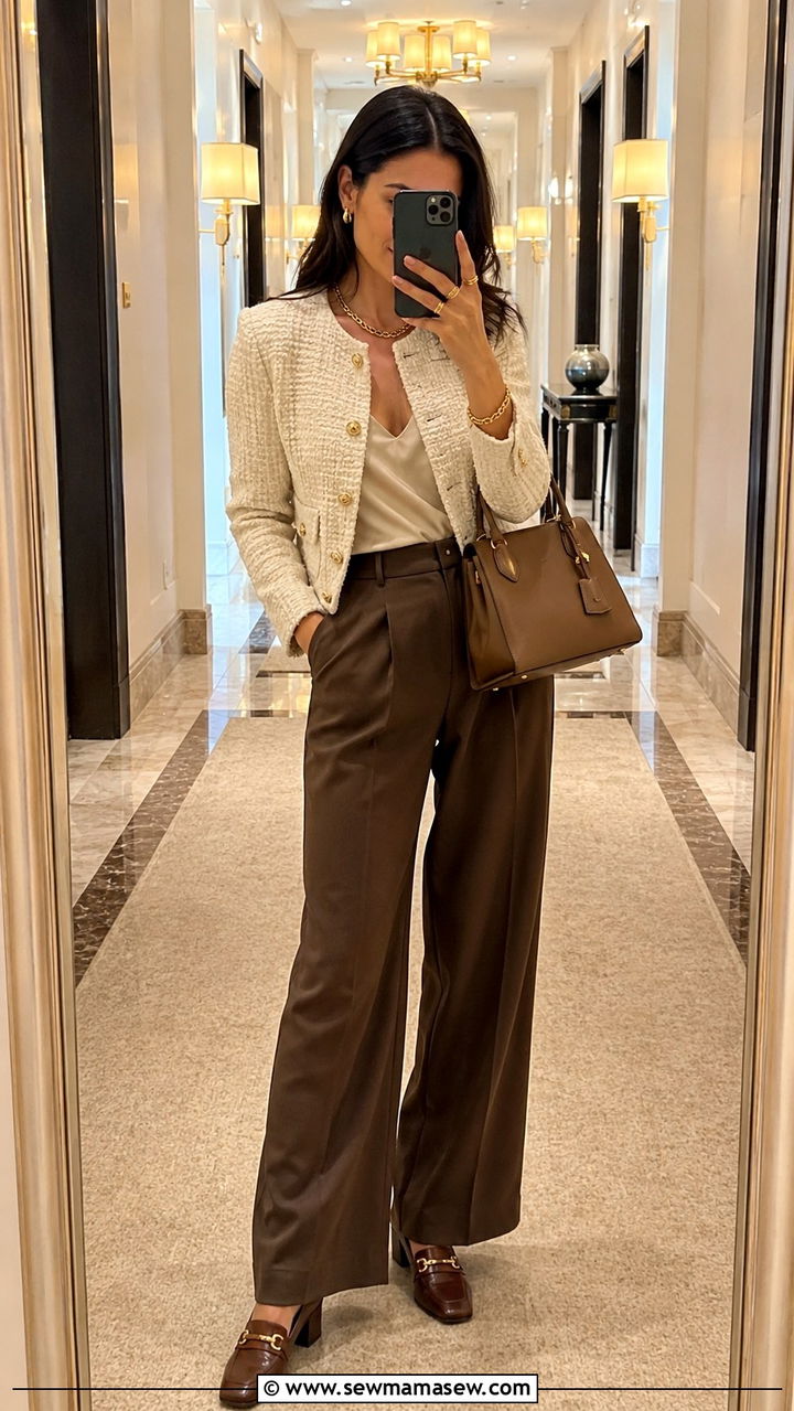 Chic Tweed Jacket with Brown Suit Pants - 30 Office outfits for millennials