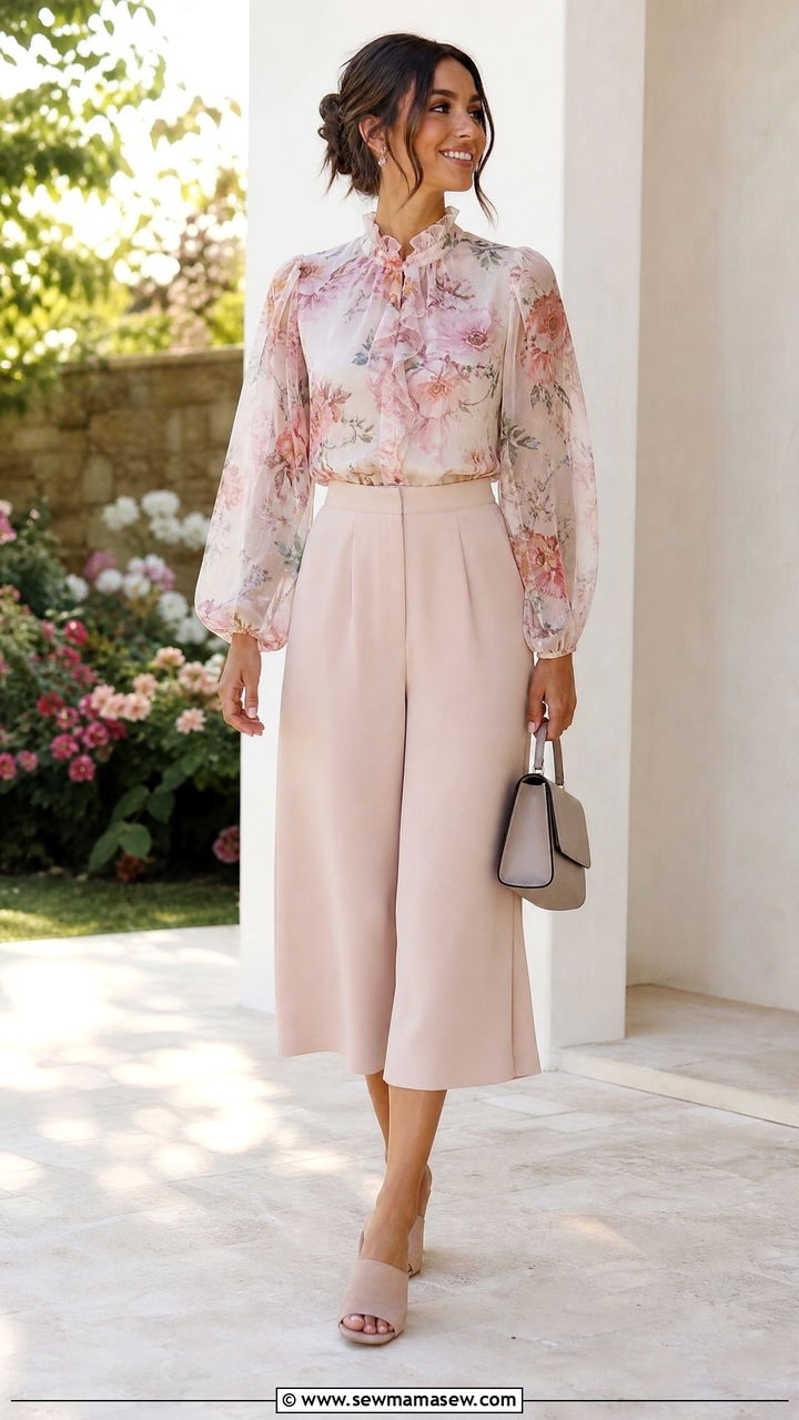 Chiffon Blouse And Culottes Bridal Shower Look - 30 classy bridal shower outfit ideas