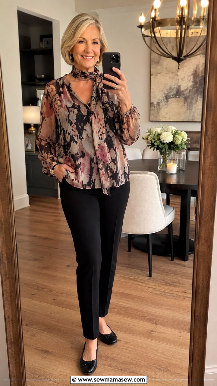 Chiffon Blouse With Ponte Pants - 30 Night out outfit ideas women over 60
