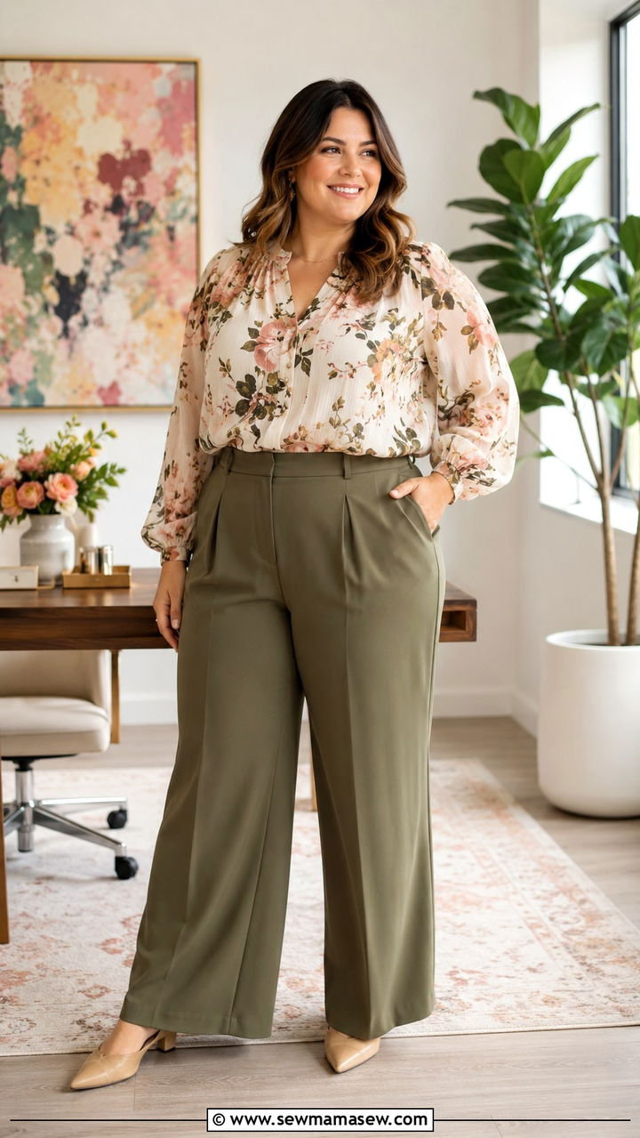Chiffon Blouse With Wide Leg Pants And Pointed Toe Flats - 30 Plus size office outfits