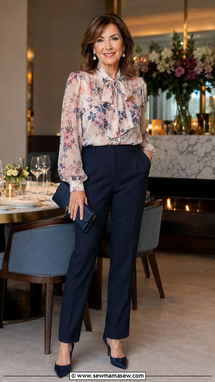 Chiffon Floral Blouse With Navy Trousers Party Look - 30 Party outfits for women over 50