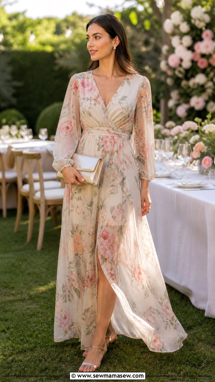 Chiffon Floral Maxi Dress with Kitten Heels - 40 Spring garden party outfits