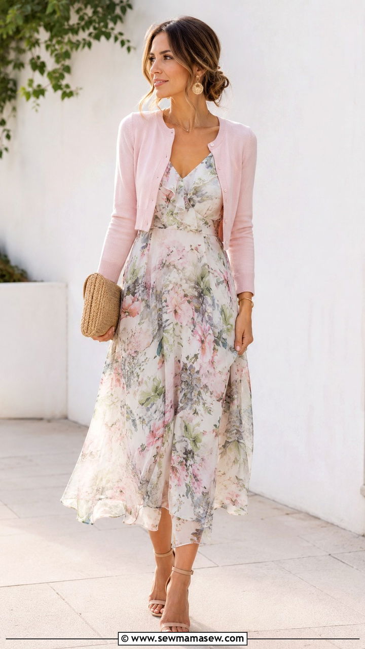 Chiffon Floral Midi Dress With Cropped Cardigan - 30 transitional wedding guest outfit ideas