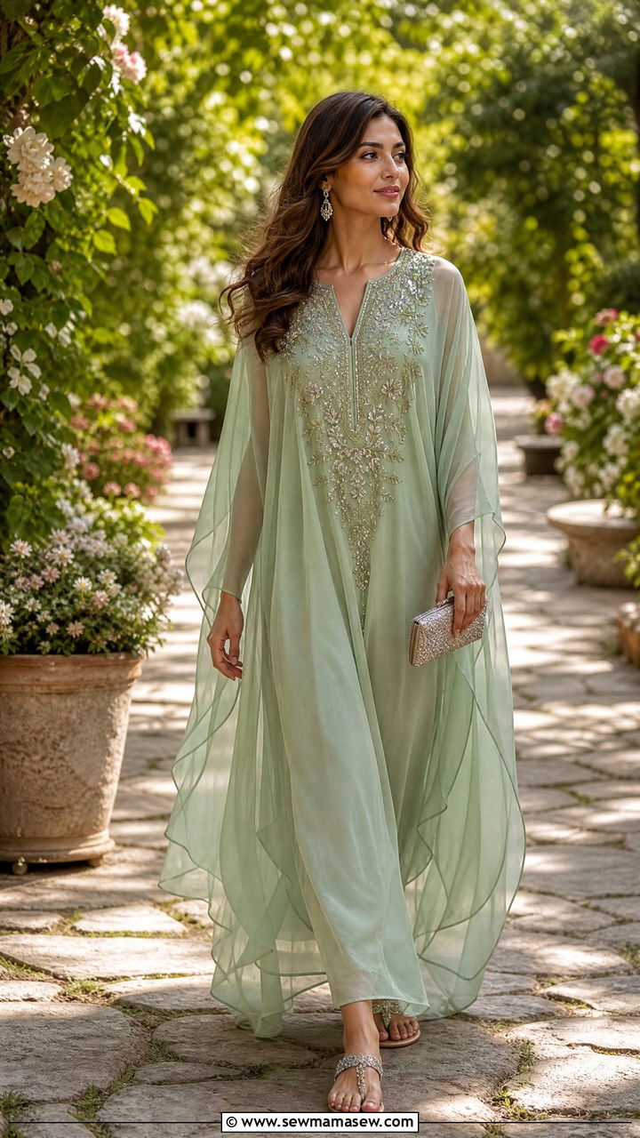 Chiffon Kaftan Dress with Embellished Sandals - 35 Garden wedding guest outfits