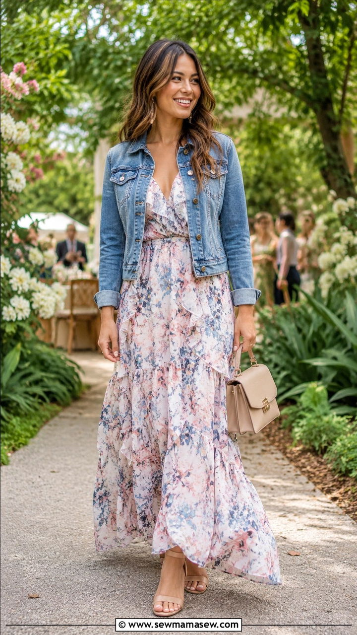 Chiffon Maxi Dress With Denim Jacket And Block Heels - 30 Maxi dress with a denim jacket outfit ideas