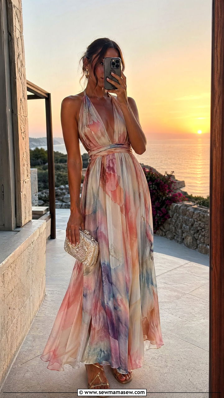Chiffon Maxi Dress With Flat Sandals And Beaded Clutch - 35 Dressy casual wedding guest outfit ideas