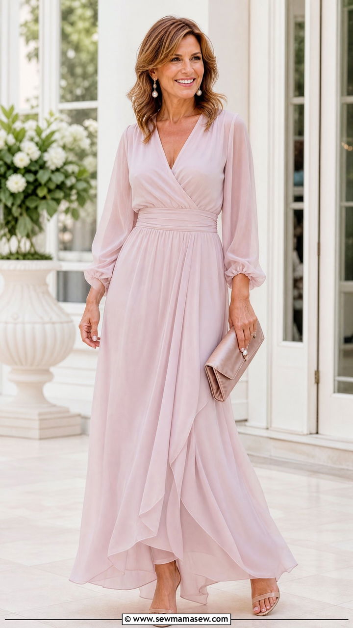 Chiffon Maxi Dress With Pearl Accessories - 30 Maxi dress for women over 40 outfit ideas