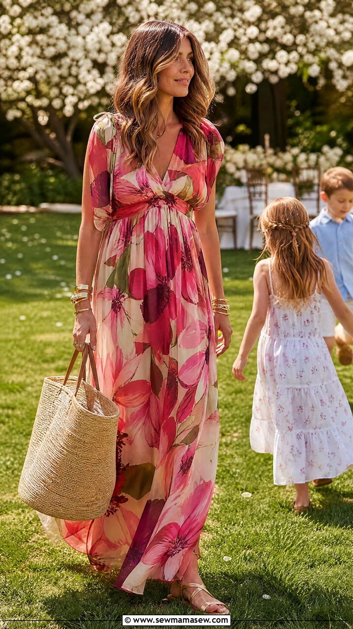 Chiffon Maxi Dress With Strappy Flat Sandals - 25 Wedding guest outfit ideas with kids in tow
