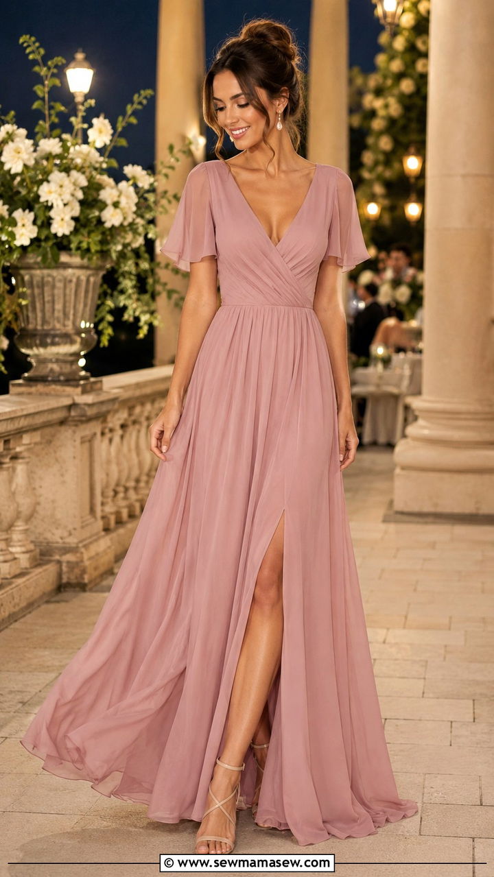 Chiffon Maxi Dress With Strappy Heels - 25 Wedding guest outfit ideas 5'4