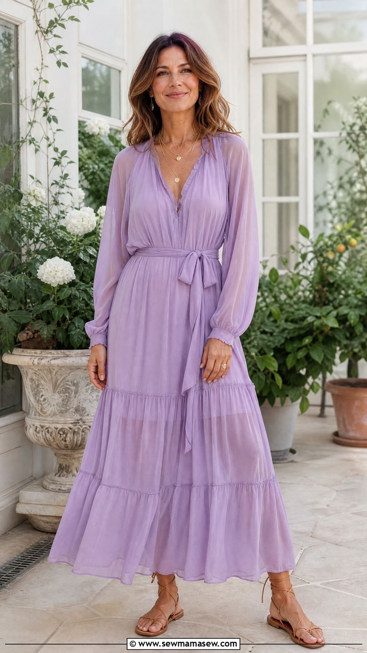 Chiffon Maxi Dress and Delicate Layered Necklaces - 25 bridal shower outfits for women over 40