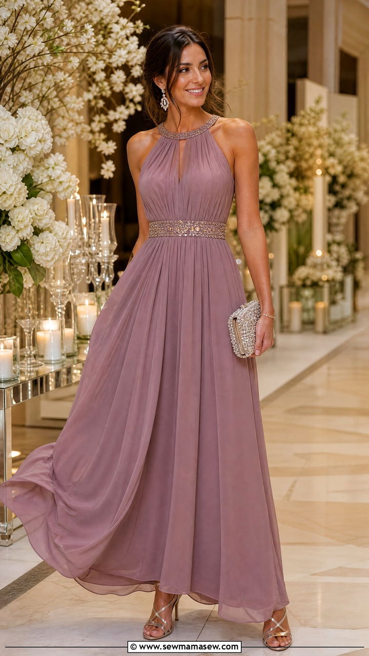 Chiffon Maxi Dress with Beaded Belt and Heeled Sandals - 30 Maxi dress outfit ideas with a belt