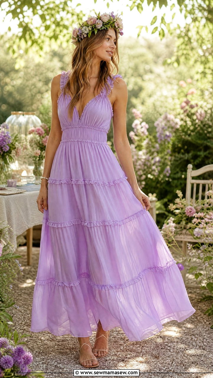 Chiffon Maxi Dress with Flower Crown - 35 Garden party outfit ideas