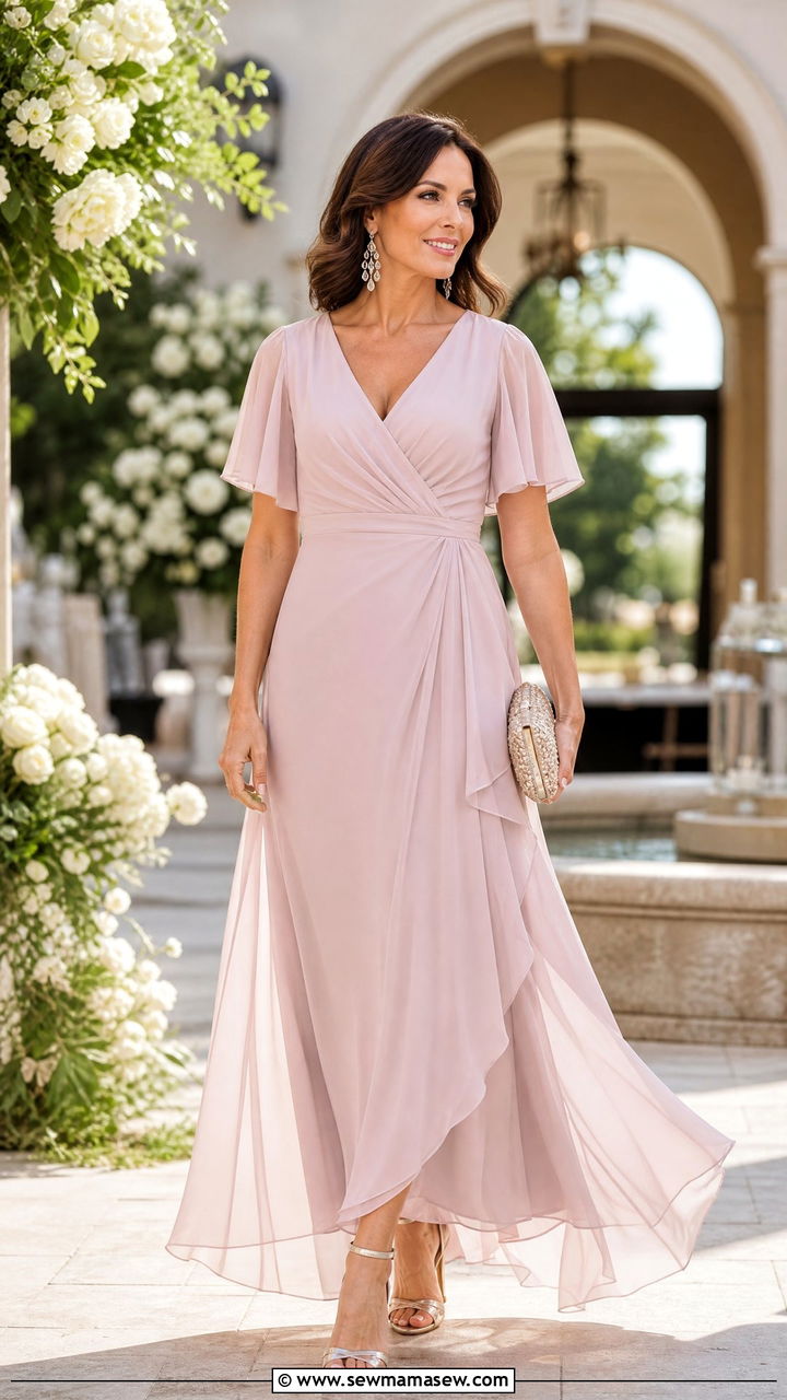Chiffon Maxi Dress with Metallic Heels and Evening Clutch - 30 Maxi dress for women over 50 outfit ideas