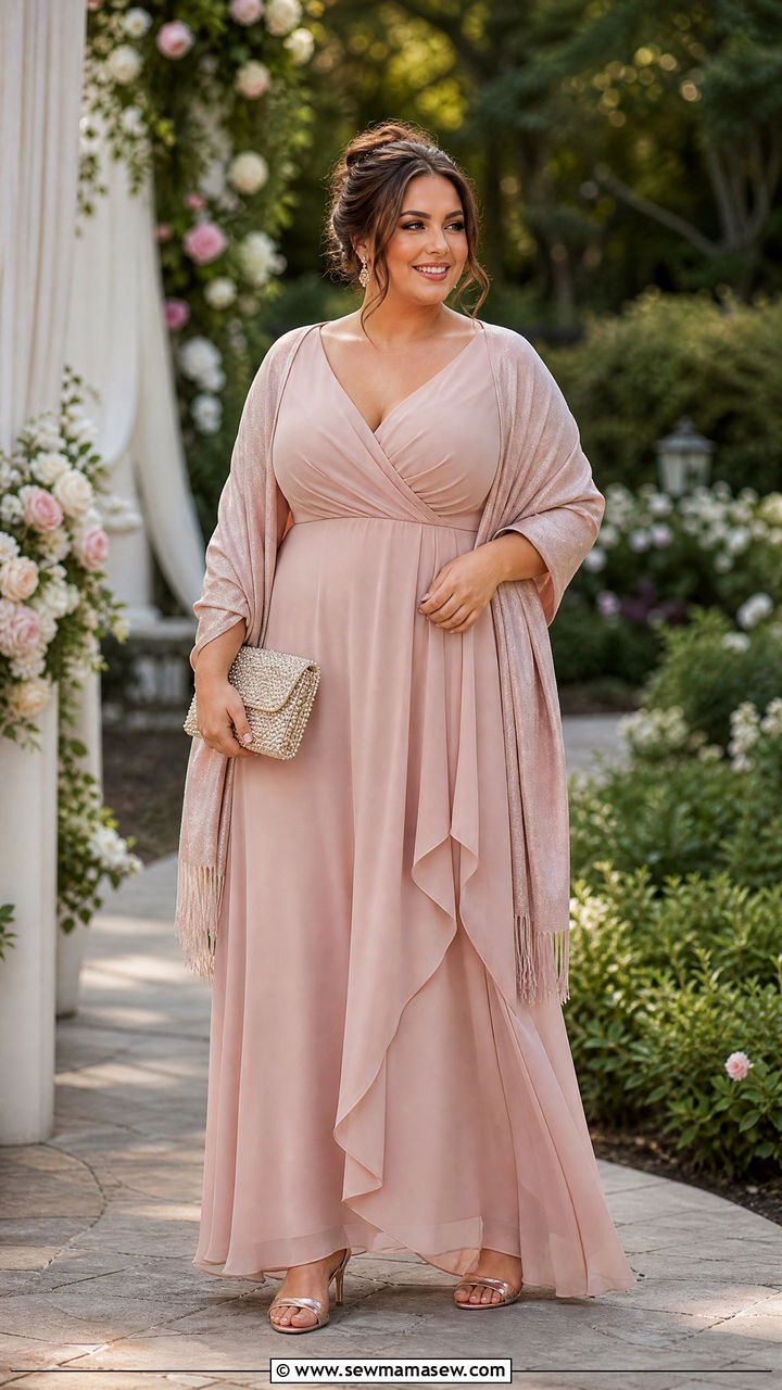 Chiffon Maxi Dress with Pashmina and Heeled Sandals for a Wedding - 25 Maxi dress for plus size outfit ideas