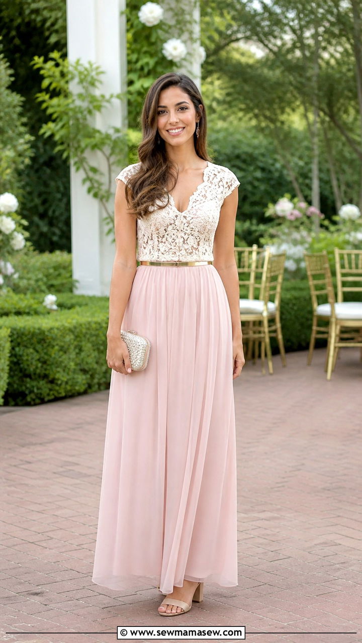 Chiffon Maxi Skirt And Lace Top With Heeled Sandals - 40 Garden wedding guest outfit ideas