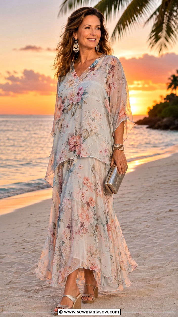 Chiffon Maxi Skirt Outfit With Tunic Blouse - 30 maxi skirt outfits for women over 40
