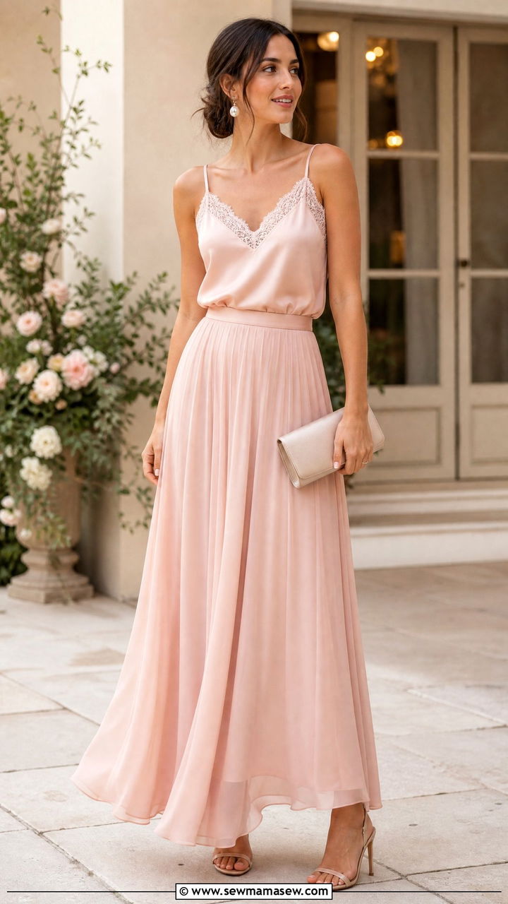 Chiffon Maxi Skirt With Silk Camisole And Heeled Sandals - 35 maxi skirt outfits aesthetic