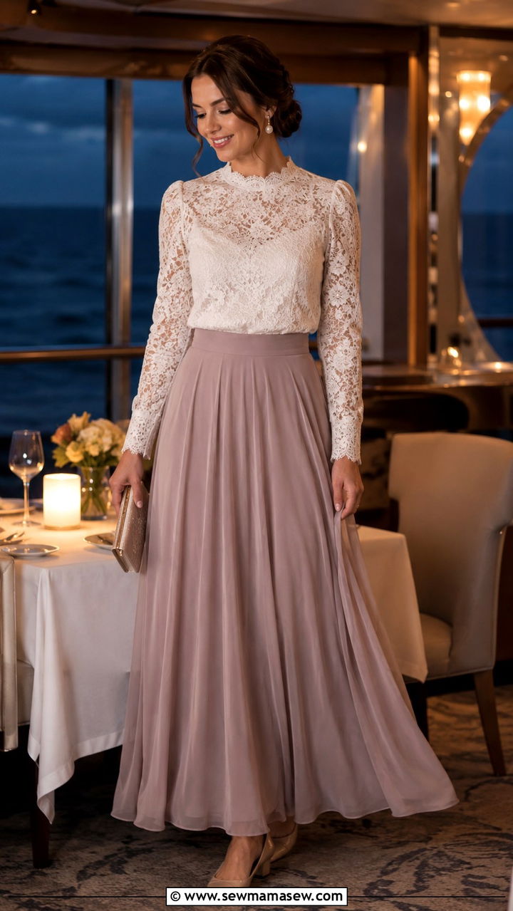 Chiffon Maxi Skirt with Lace Blouse - 30 modest cruise outfit ideas