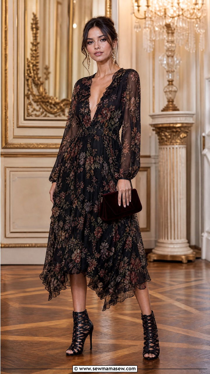 Chiffon Midi Dress With Strappy Heeled Boots - 30 Midi dress outfit ideas with boots