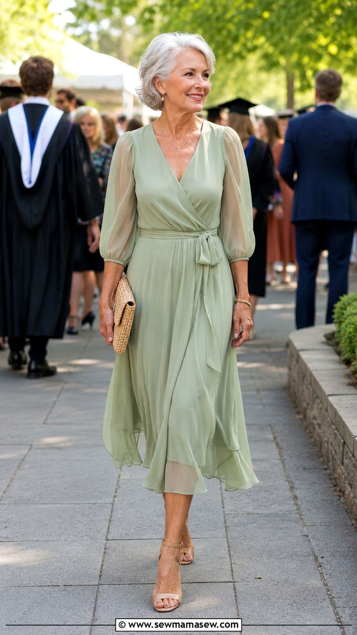 Chiffon Midi Dress in Sage Green - 30 Graduation outfits for women over 60