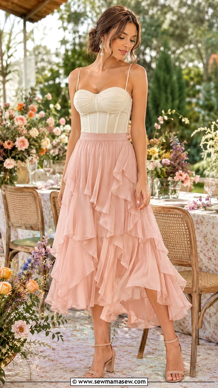 Chiffon Midi Skirt With Corset Top - 25 Boho outfit ideas with midi skirt