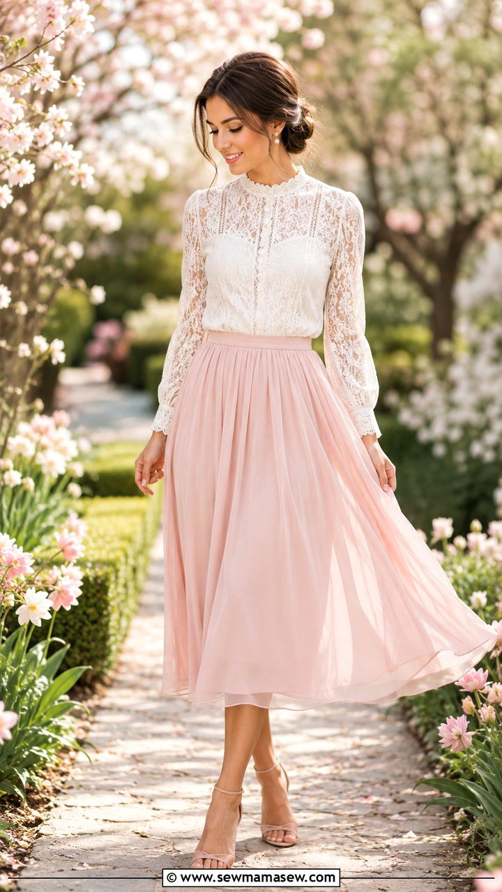 Chiffon Midi Skirt With Lace Blouse And Delicate Sandals - 30 Spring outfits with midi skirts