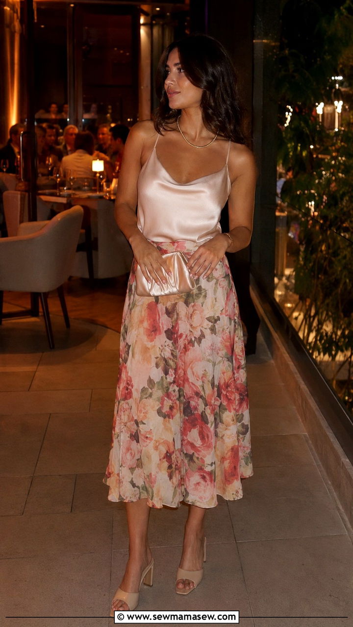 Chiffon Midi Skirt with Silk Camisole and Heeled Mules - 30 How to style a midi skirt in summer