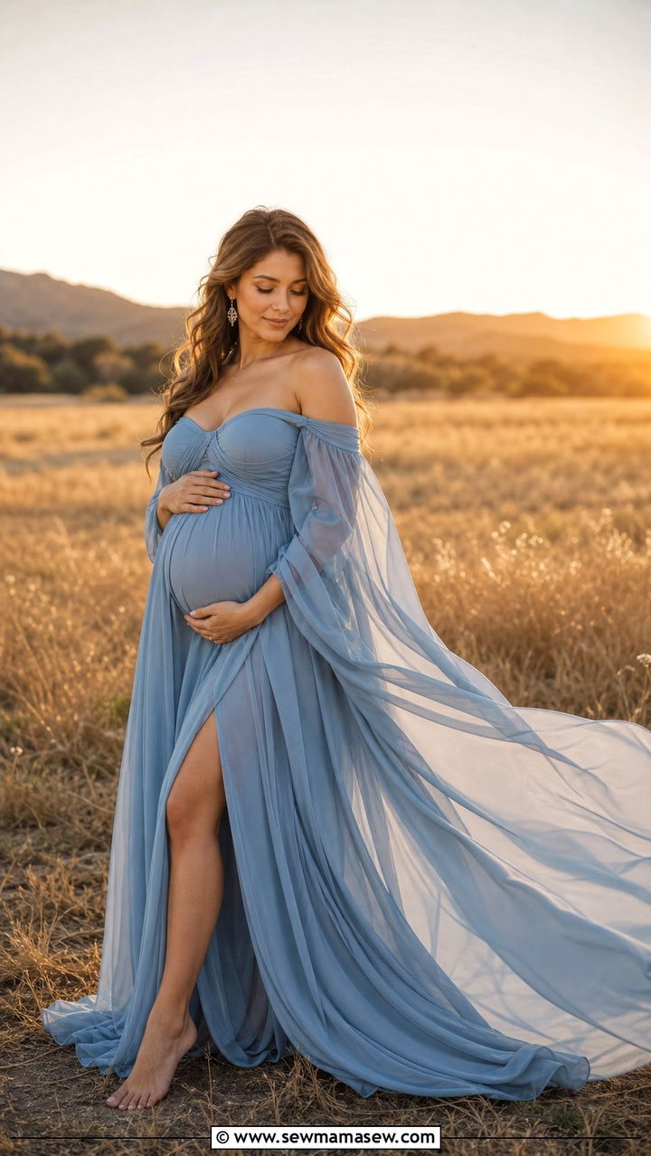 Chiffon Off Shoulder Gown Maternity Photoshoot - 25 Summer maternity photo outfits