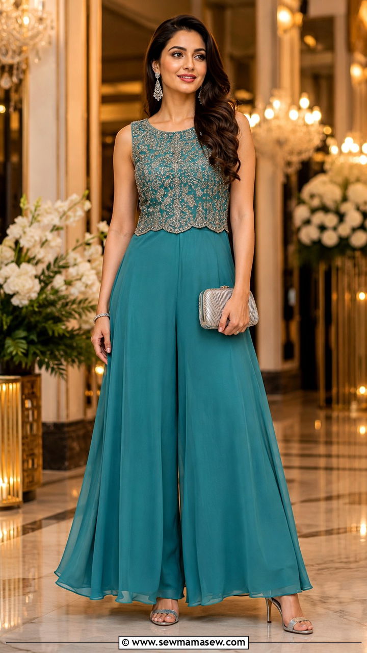 Chiffon Palazzo Pants and Embellished Top - 30 modest summer wedding guest outfit ideas