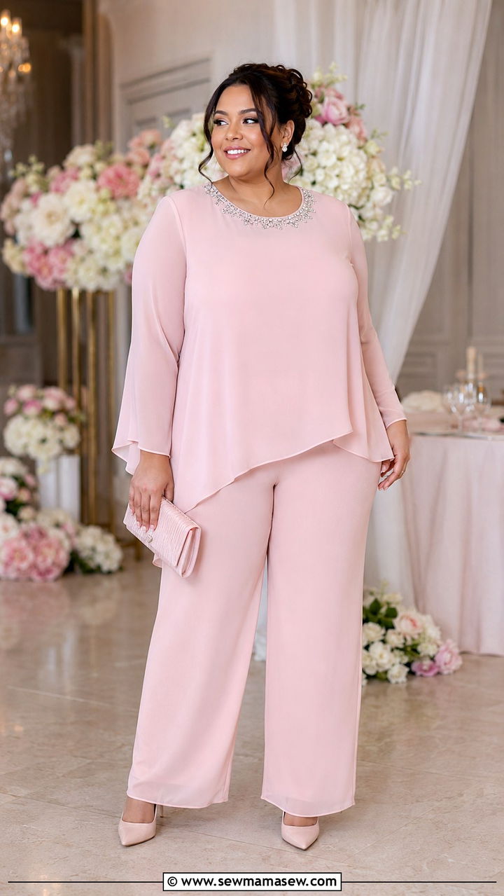 Chiffon Pant Suit In Pastel Pink With Rhinestone Detail - 30 plus size spring wedding guest outfit ideas