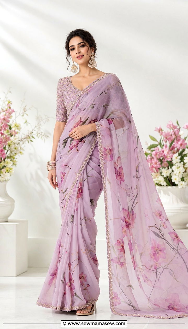 Chiffon Saree with Embroidered Blouse - 25 Eid outfit ideas Pakistani