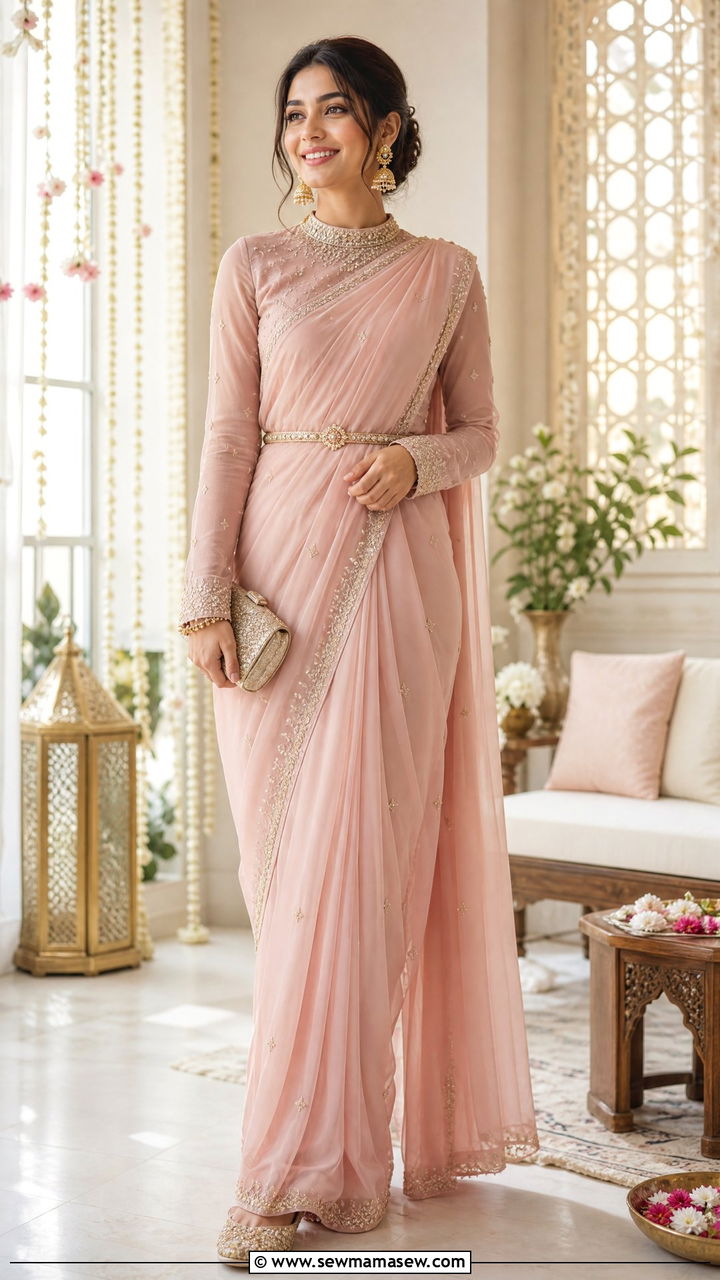 Chiffon Saree with Full Sleeve Blouse - 30 Eid al Fitr outfit ideas