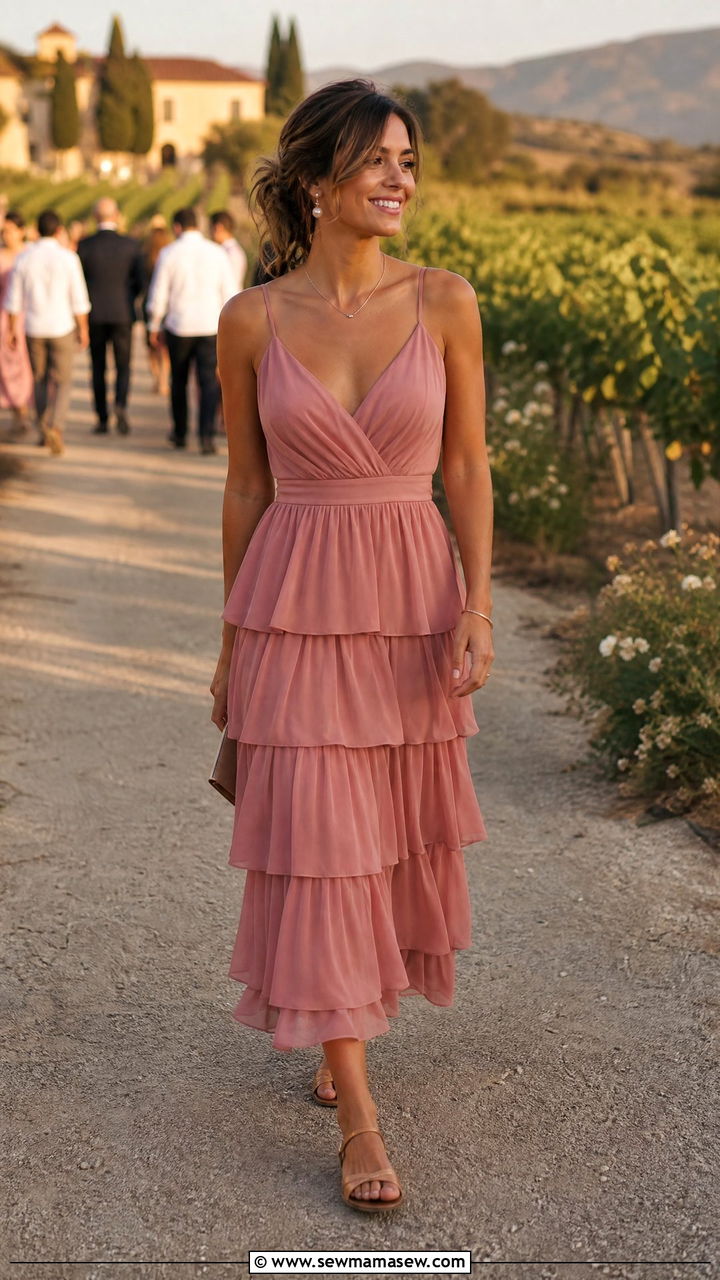 Chiffon Tiered Dress With Minimal Sandals - 30 summer wedding guest outfit ideas for women