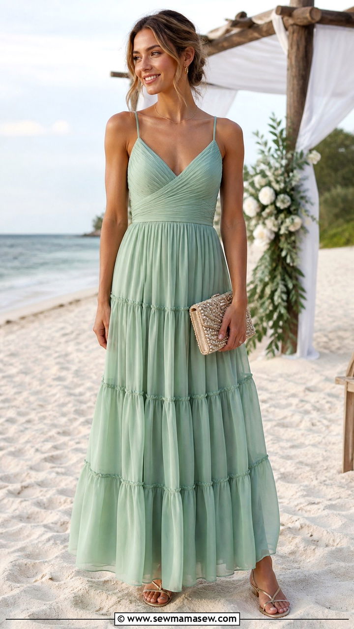 Chiffon Tiered Maxi Dress With Flat Sandals For Beach Weddings - 40 classy wedding guest outfits