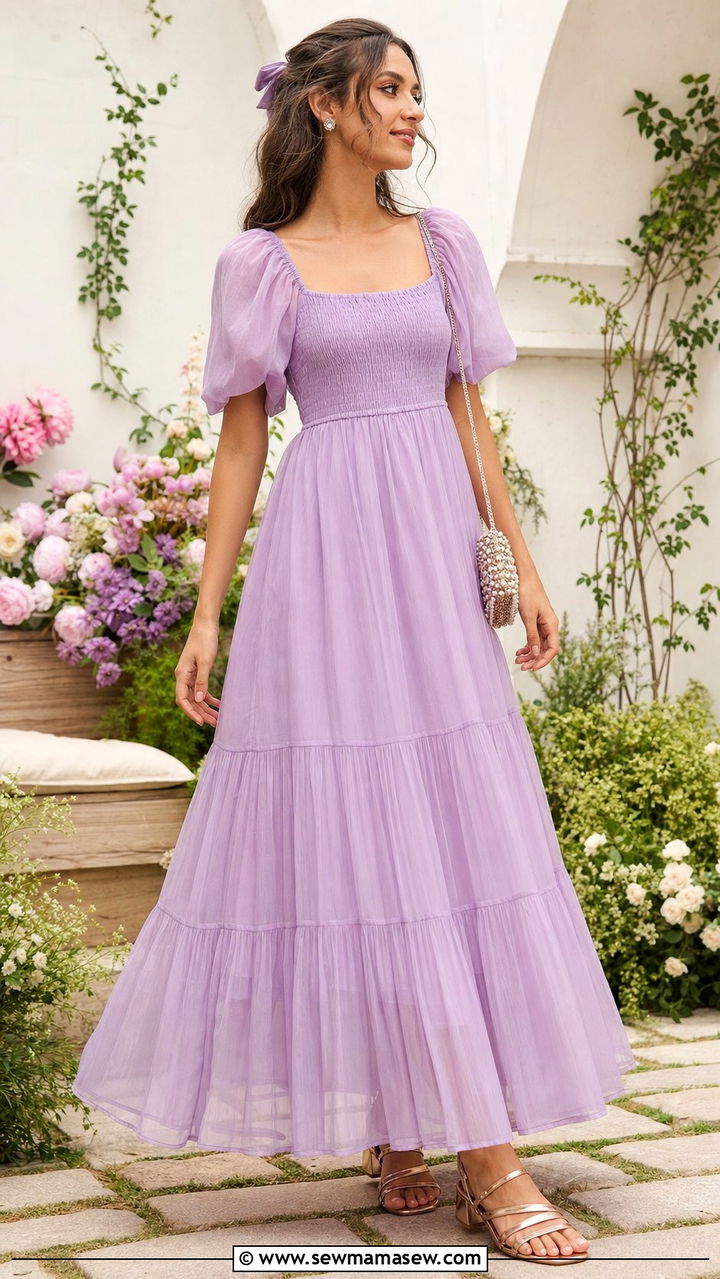 Chiffon Tiered Maxi Dress with Metallic Sandals - 35 Boho wedding guest outfits
