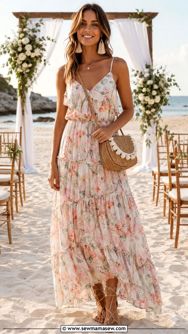 Chiffon Tiered Maxi Dress with Statement Tassel Earrings - 30 cute resort outfits