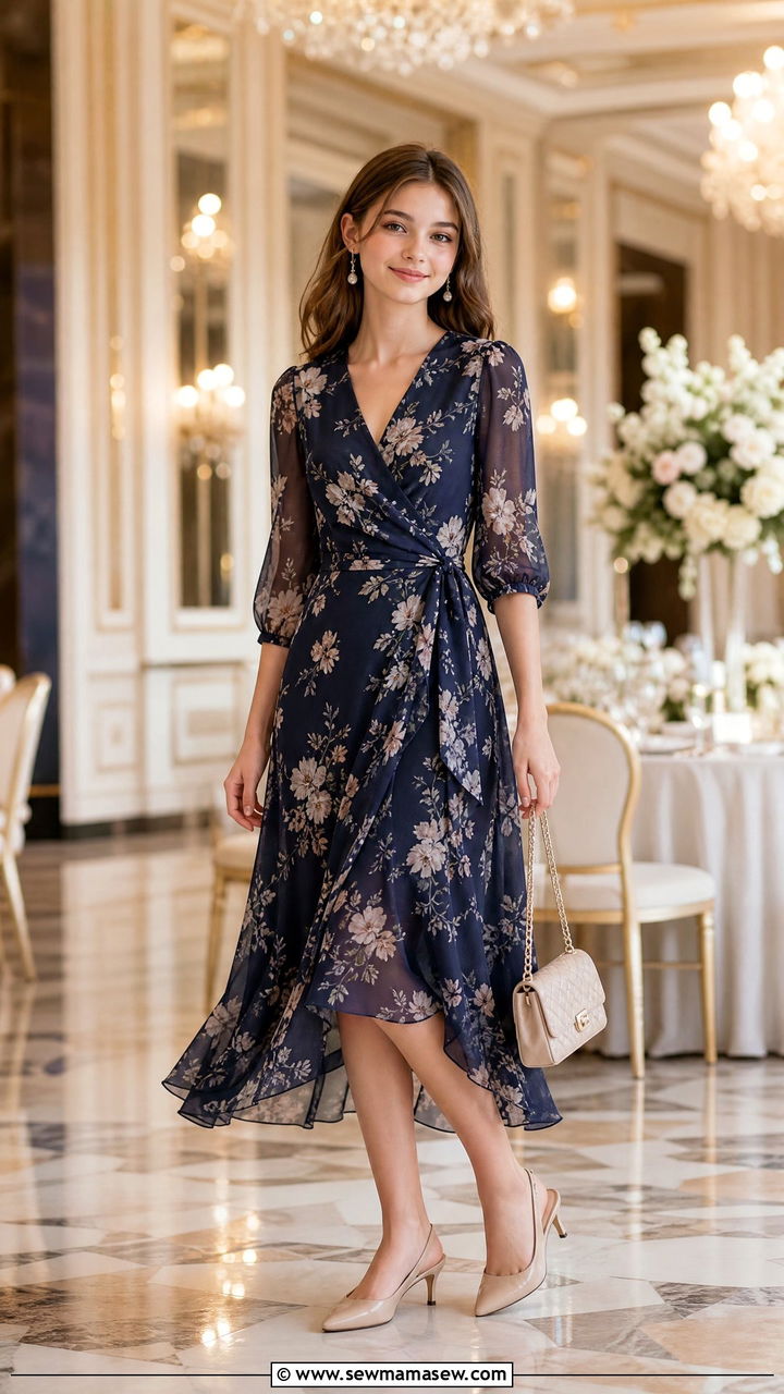Chiffon Wrap Dress With Kitten Heels - 25 Wedding guest outfits for teens