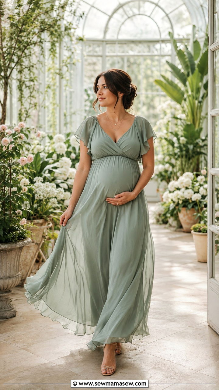 Chiffon maxi dress with delicate jewelry and strappy heels - 25 wedding guest outfits for postpartum women