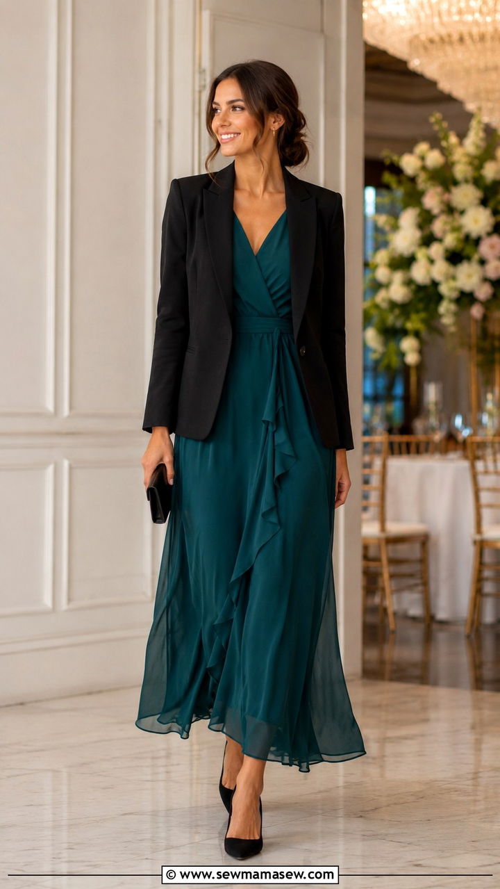 Chiffon maxi dress with tailored blazer outfit - 30 Maxi dress with a blazer outfit ideas