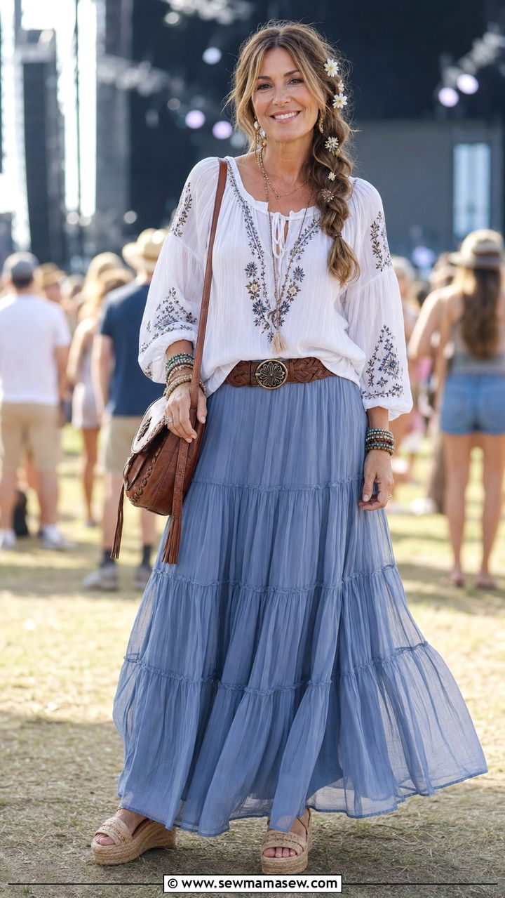 Chiffon maxi skirt with peasant blouse outfit - 25 fairycore outfit ideas for women over 40