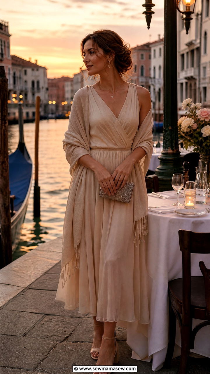Chiffon midi dress with lightweight shawl Venice evening - 40 What to wear in Venice