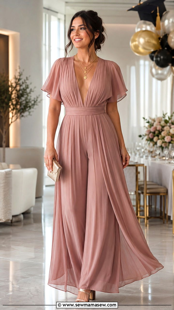 Chiffon palazzo jumpsuit with gold jewelry - 30 Graduation outfit ideas for guests 2026