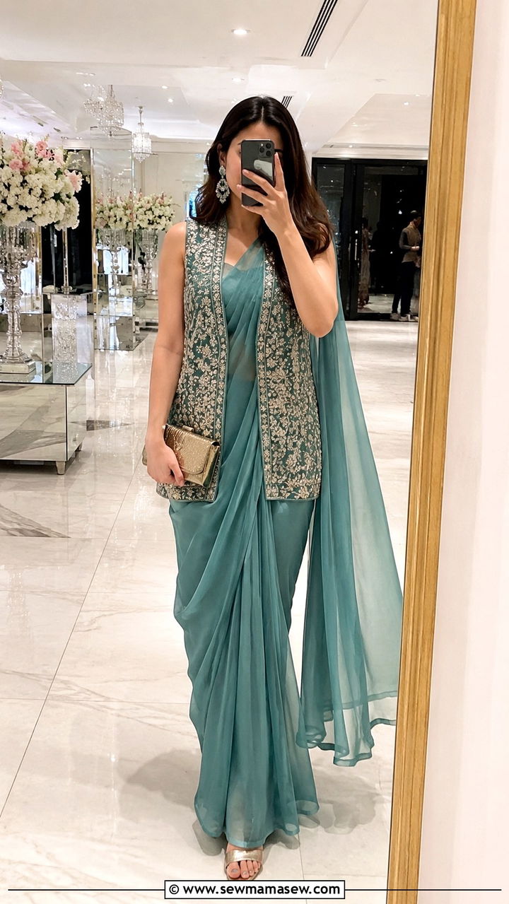 Chiffon saree with sleeveless blouse and jacket for Walima - 25 Wedding guest outfit ideas Walima ceremony