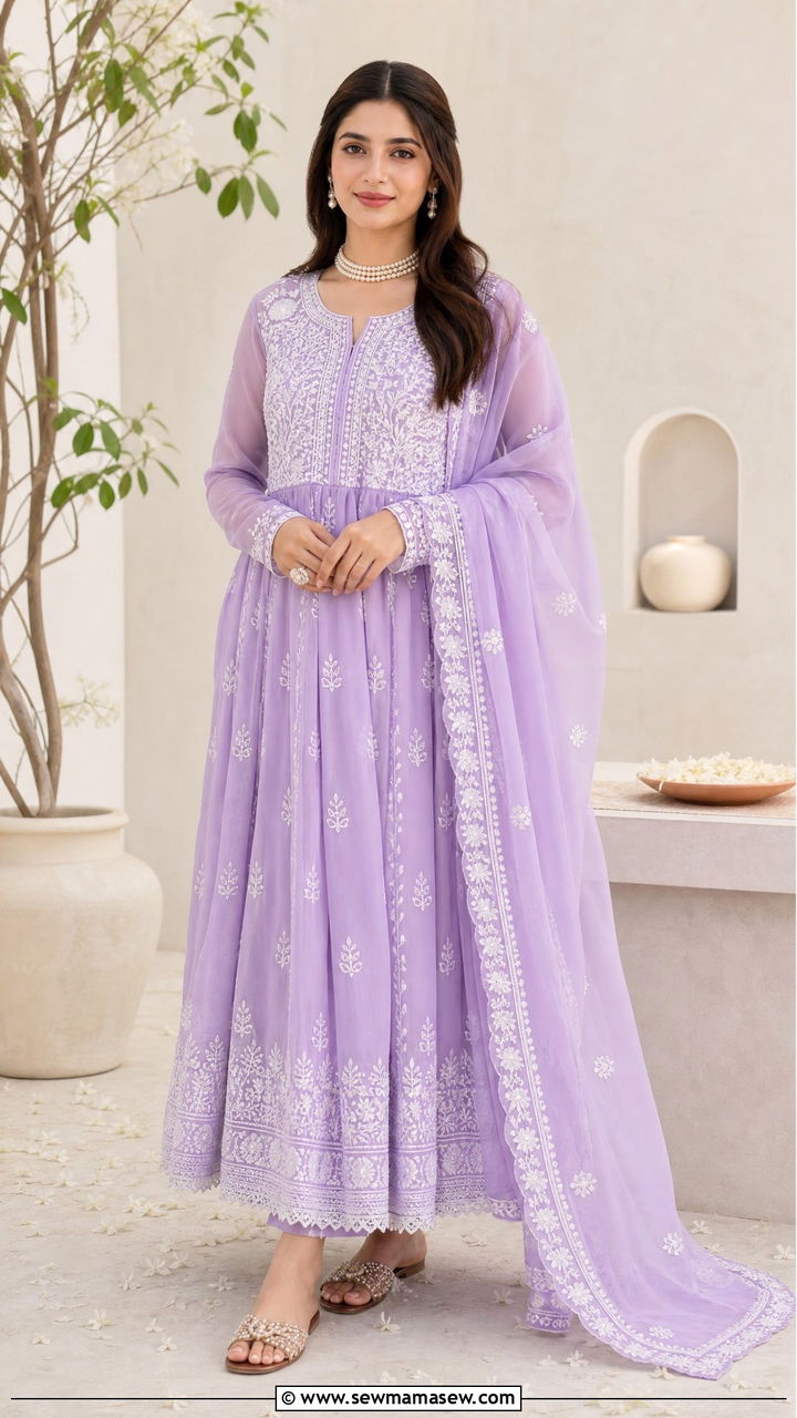 Chikankari Anarkali with pearl accessories - 30 Modest outfit ideas for Eid