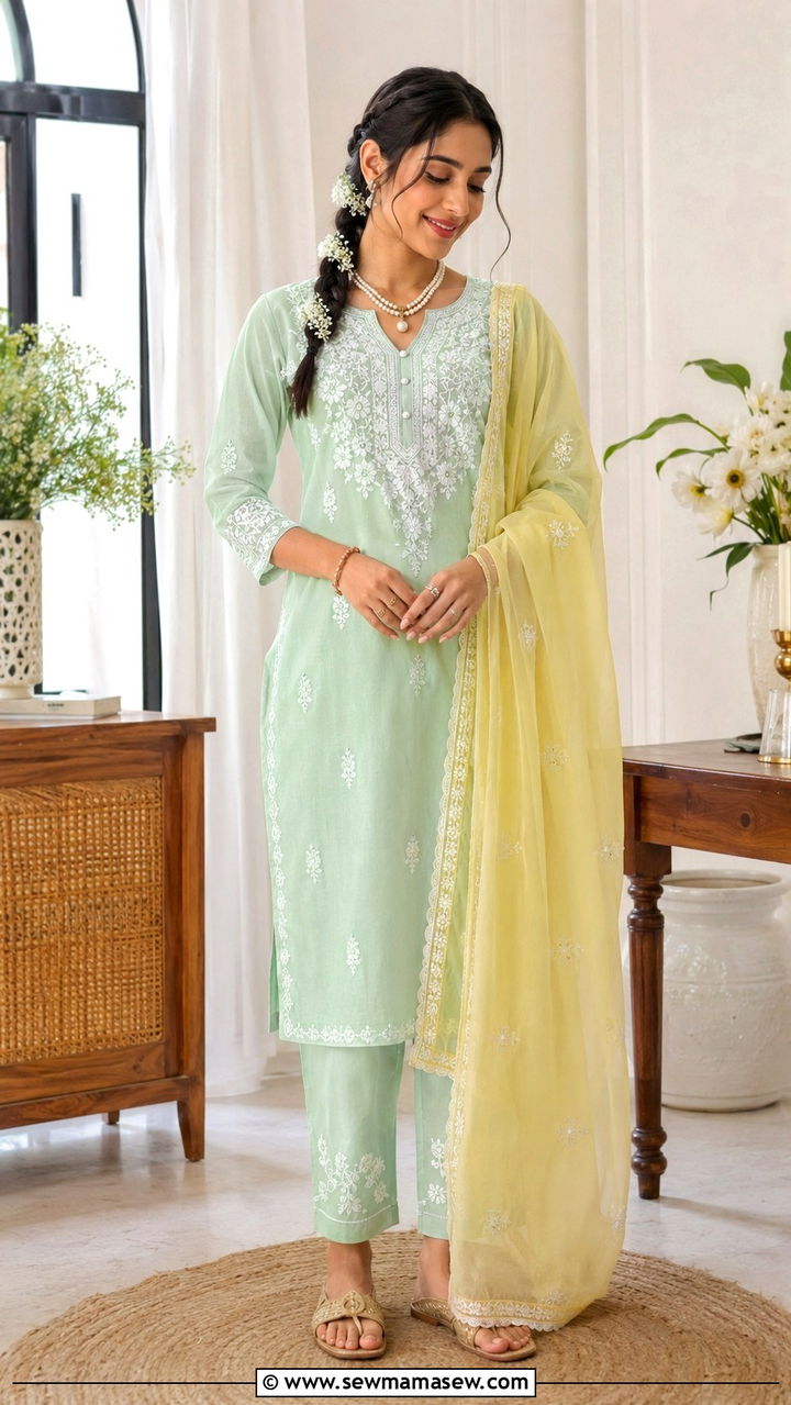 Chikankari Kurta Set in Pastel Mint - 25 Wedding guest outfit ideas Mehndi ceremony