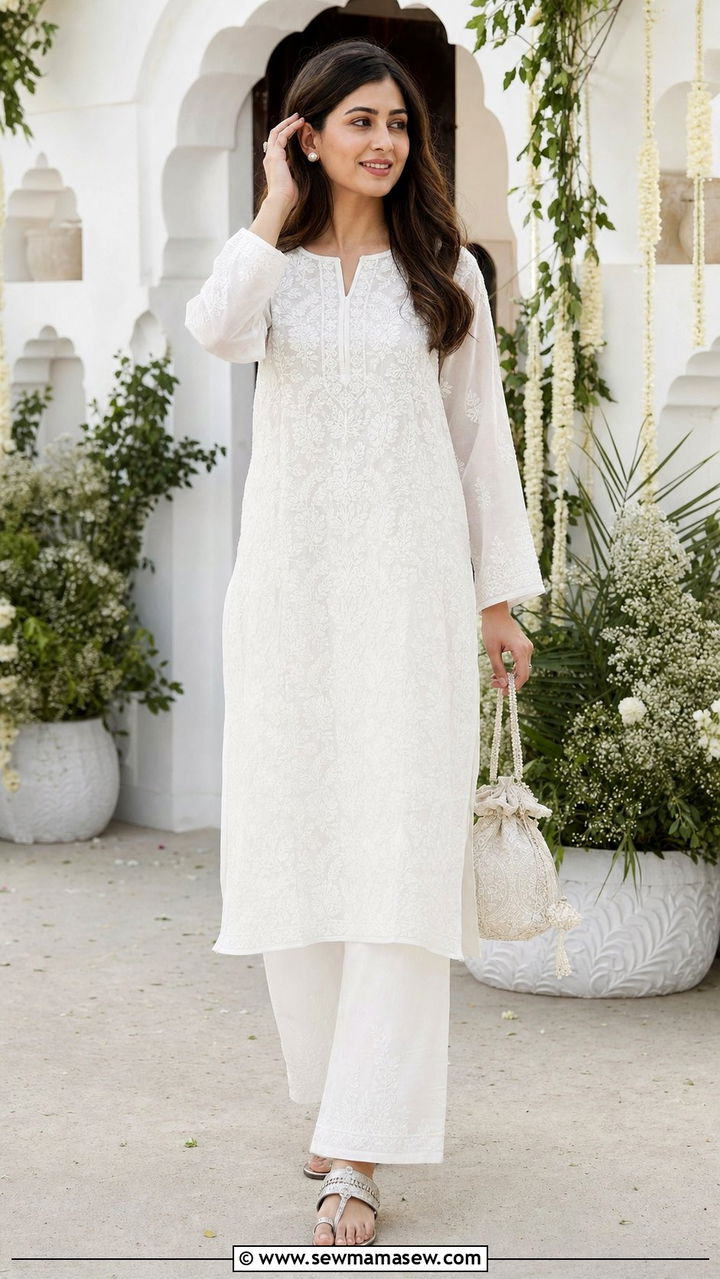 Chikankari Kurta With White Palazzos - 25 Eid outfit ideas Indian