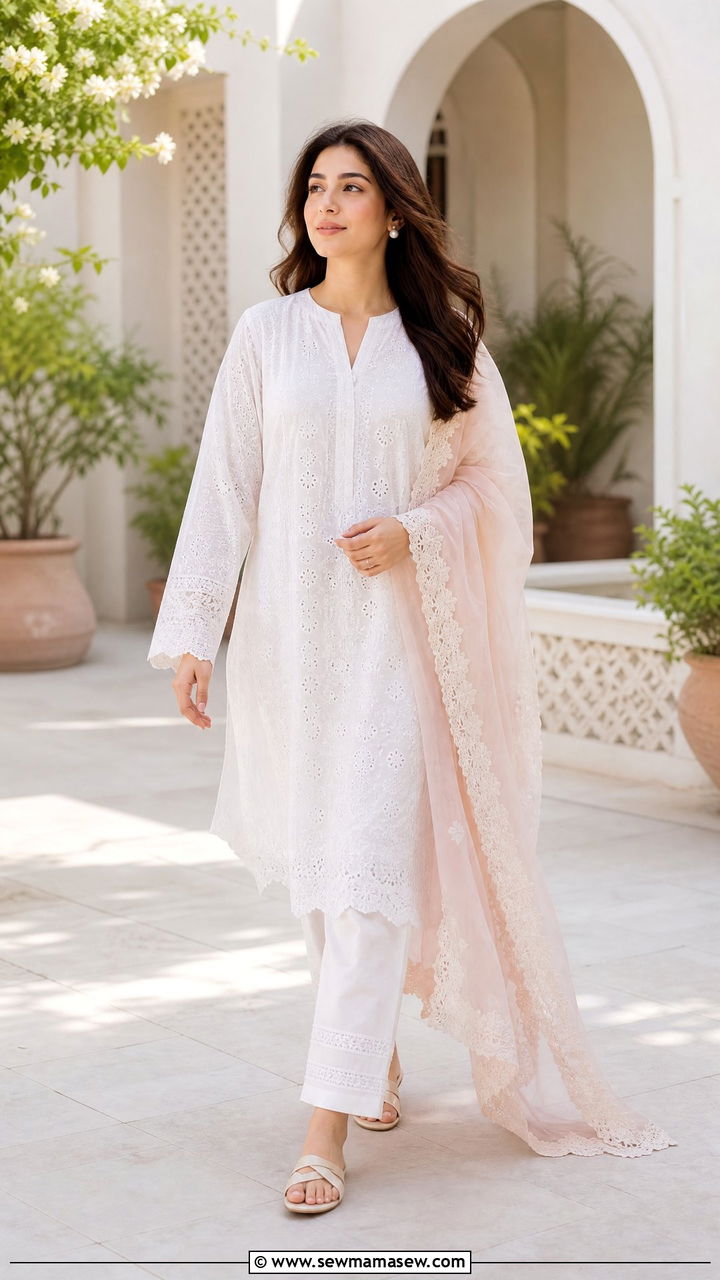 Chikankari Kurti With White Trousers - 30 Islamabad outfit ideas