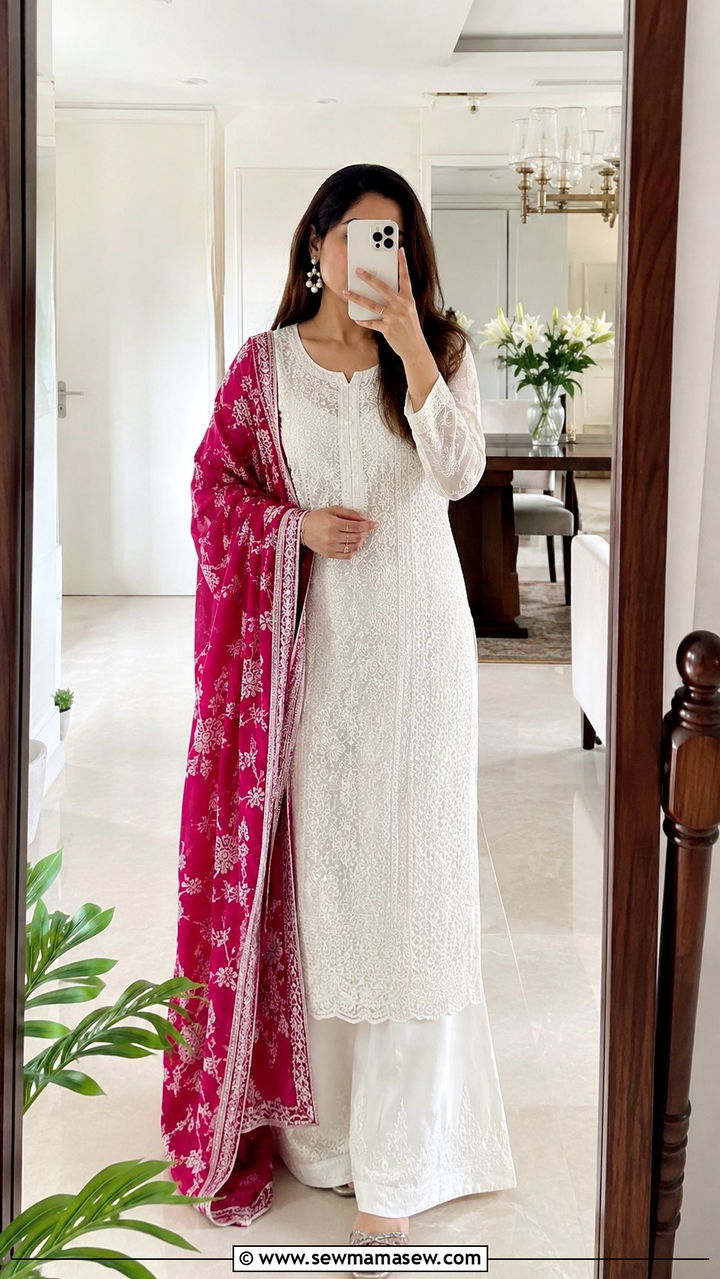 Chikankari kurta with white palazzo pants - 30 Lahore outfit ideas