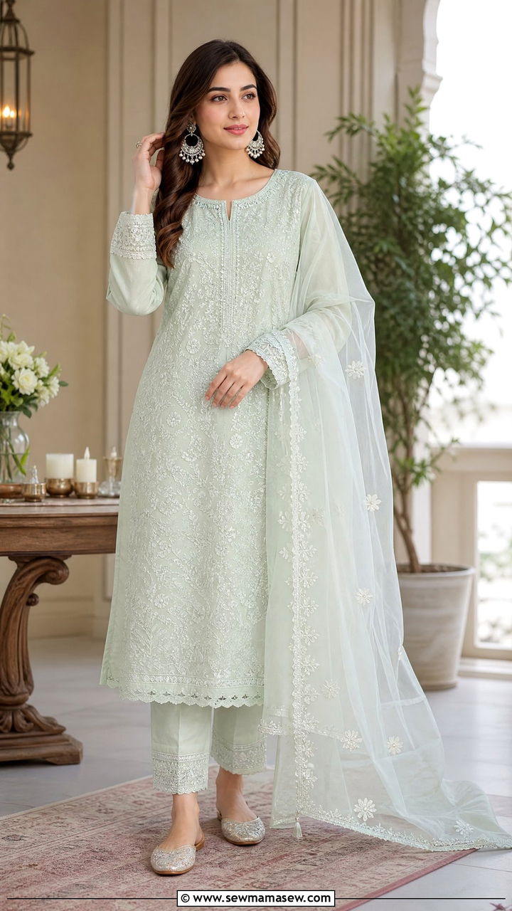 Chikankari straight suit with silver jewelry - 25 Iftar party outfit ideas