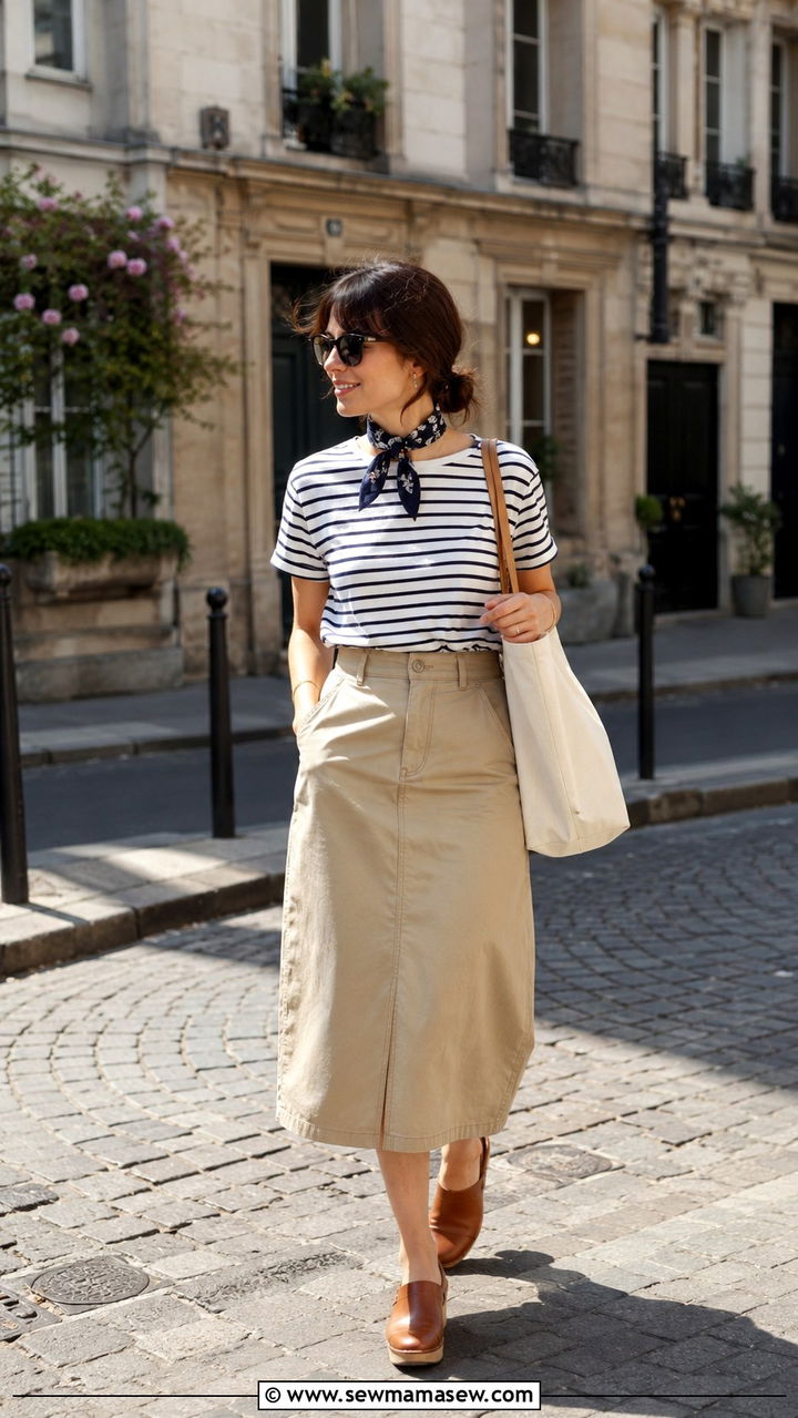 Chino Midi Skirt With Clogs And Striped Tee - 30 Spring outfits with skirts